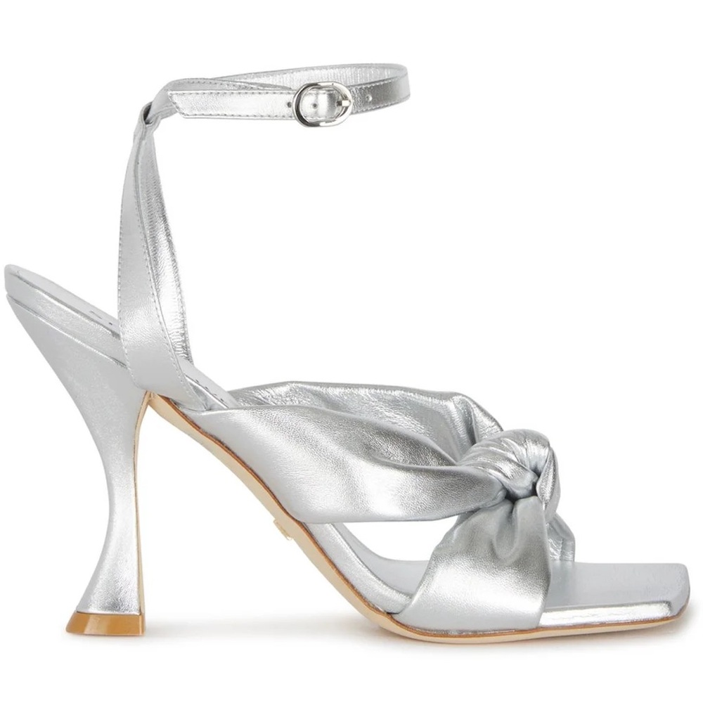 Stuart Weitzman Silver Knotted Ankle Strap Heels